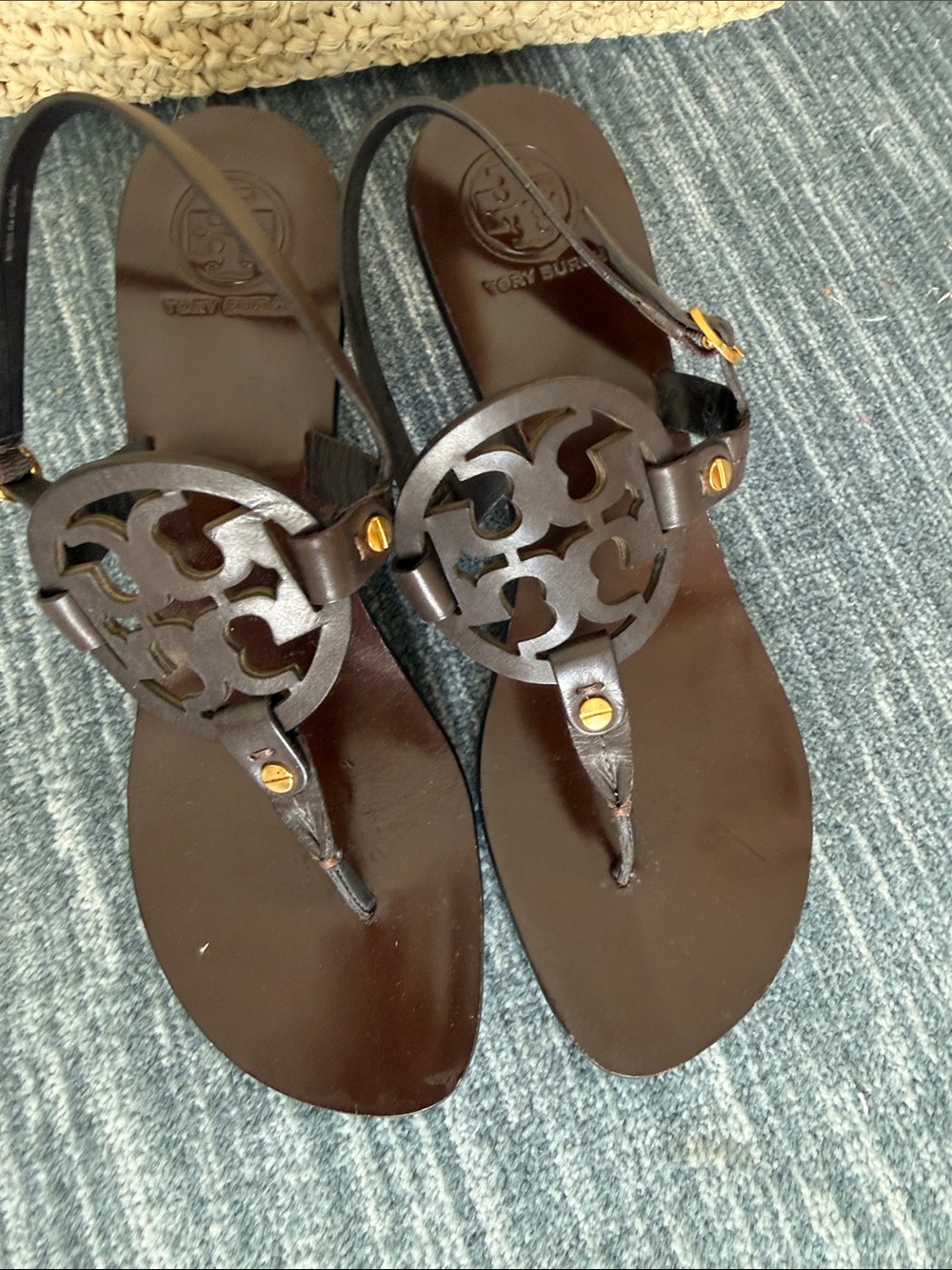 Tory Burch Dark Brown Miller Cutout Logo Thong Sandals. NO BOX